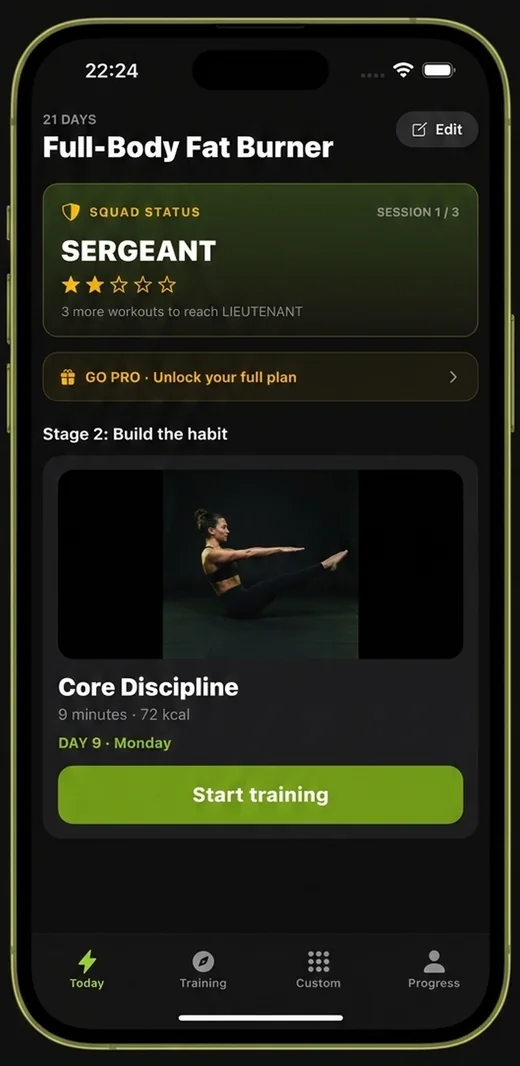 Military Calisthenics Coach showing today's session and rank